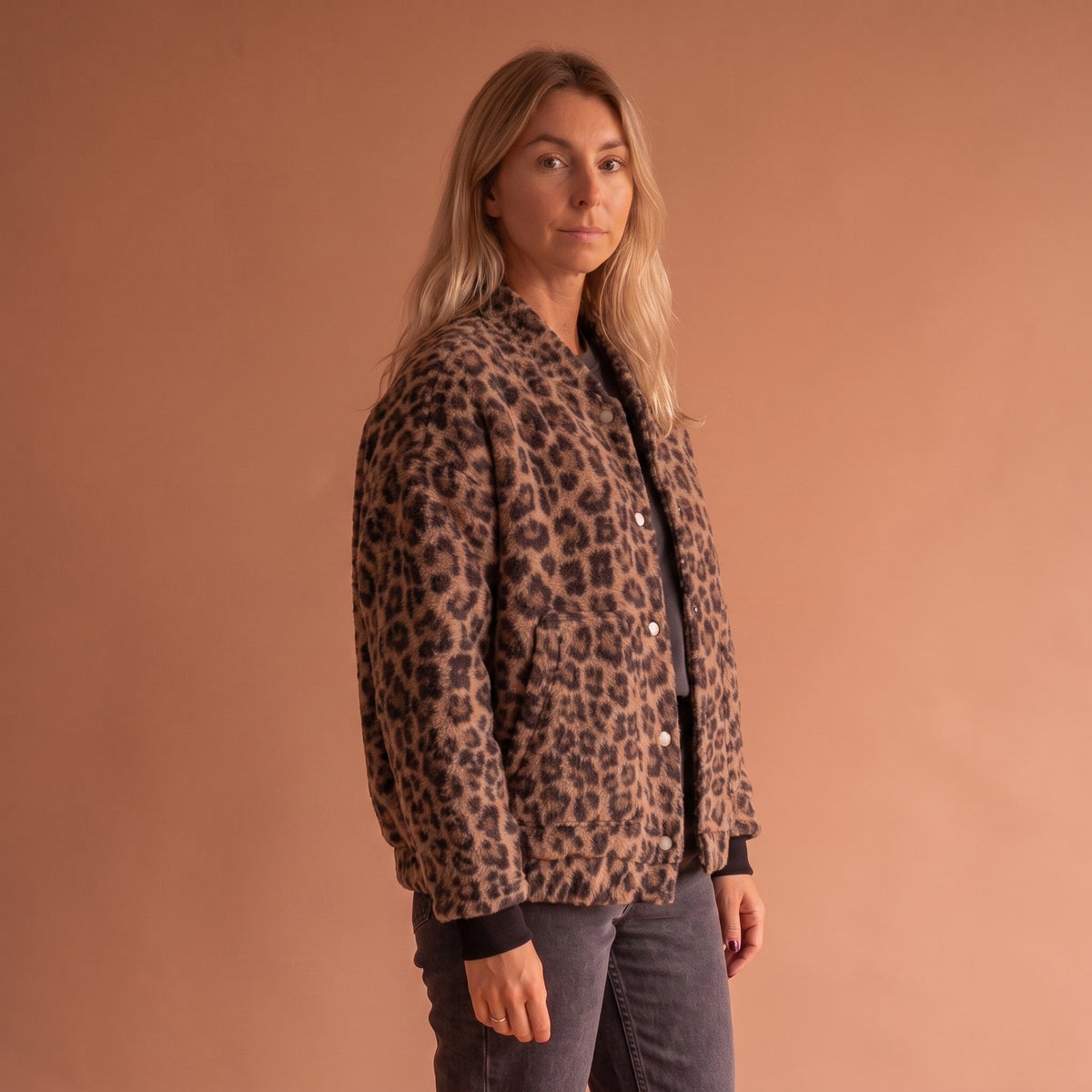 All-Over Leopard Print Teddy Fleece Jacket with Stand Collar for Women