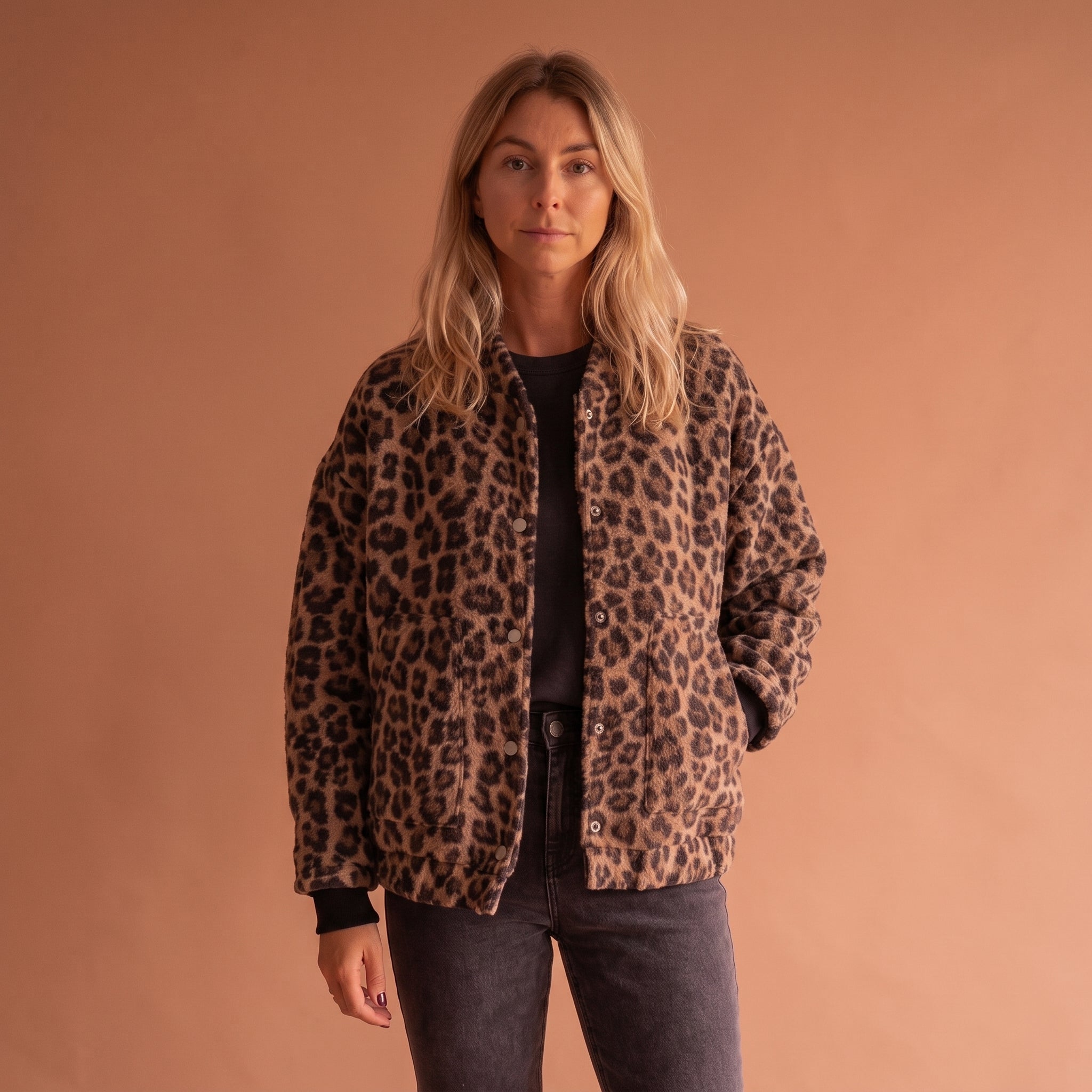 All-Over Leopard Print Teddy Fleece Jacket with Stand Collar for Women