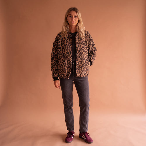 All-Over Leopard Print Teddy Fleece Jacket with Stand Collar for Women