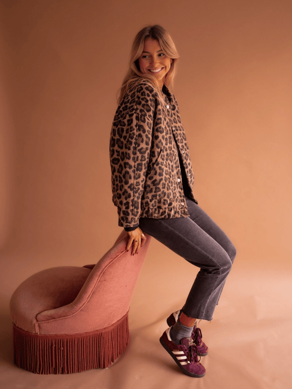 All-Over Leopard Print Teddy Fleece Jacket with Stand Collar for Women