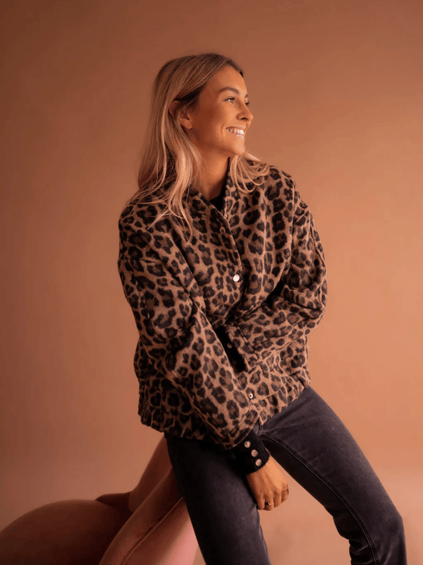 All-Over Leopard Print Teddy Fleece Jacket with Stand Collar for Women
