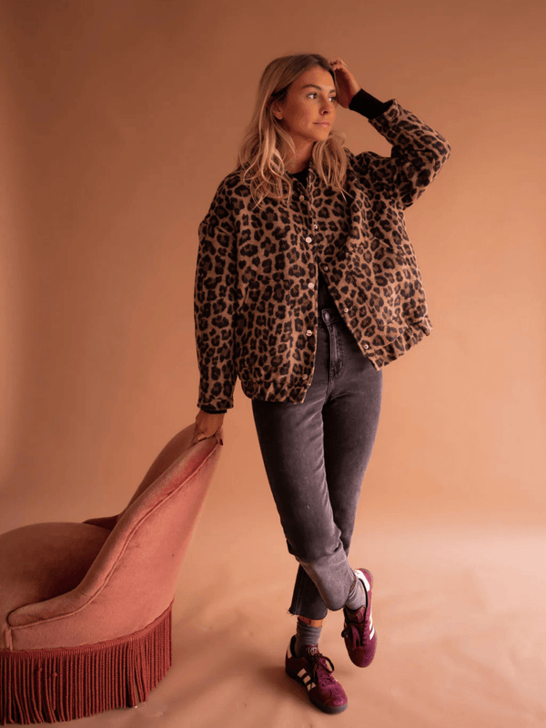 All-Over Leopard Print Teddy Fleece Jacket with Stand Collar for Women
