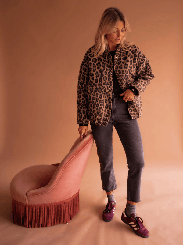 All-Over Leopard Print Teddy Fleece Jacket with Stand Collar for Women