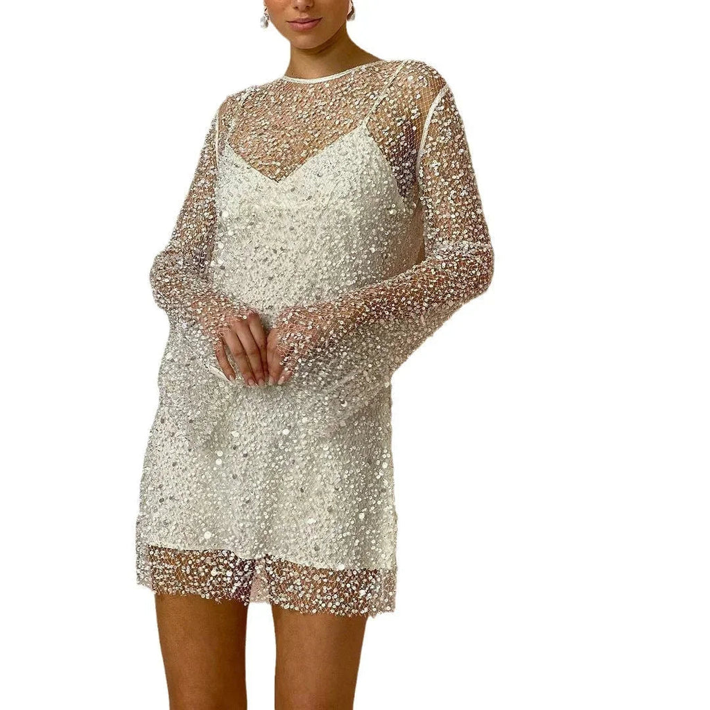 All Over Sequin Evening Mini Dress with Long Sleeves for Women