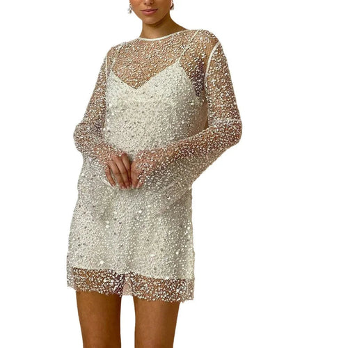 All Over Sequin Evening Mini Dress with Long Sleeves for Women