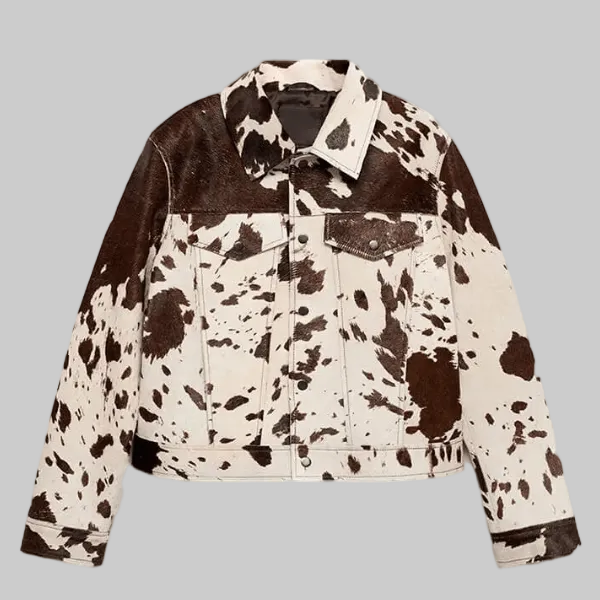 Allover Cow Print Trucker Jacket with Chest Flap Pockets for Women