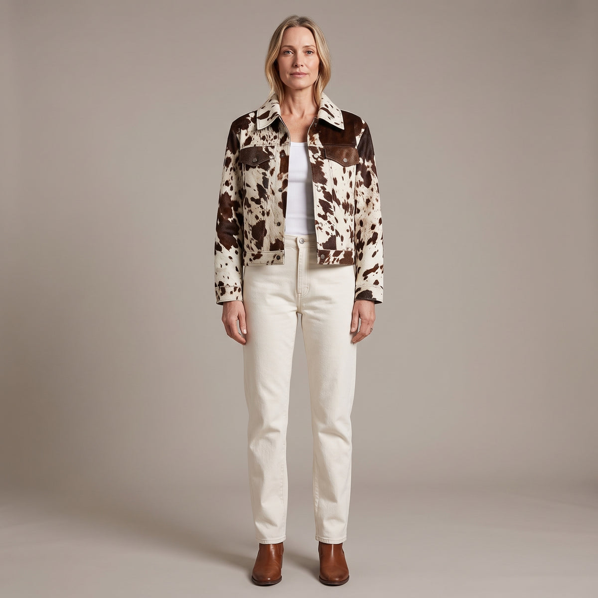 Allover Cow Print Trucker Jacket with Chest Flap Pockets for Women