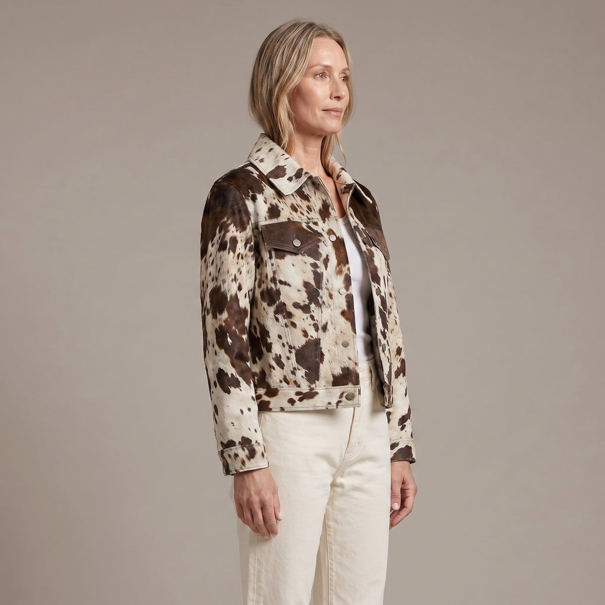 Allover Cow Print Trucker Jacket with Chest Flap Pockets for Women