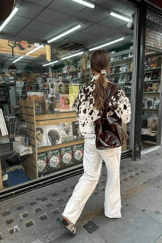 Allover Cow Print Trucker Jacket with Chest Flap Pockets for Women