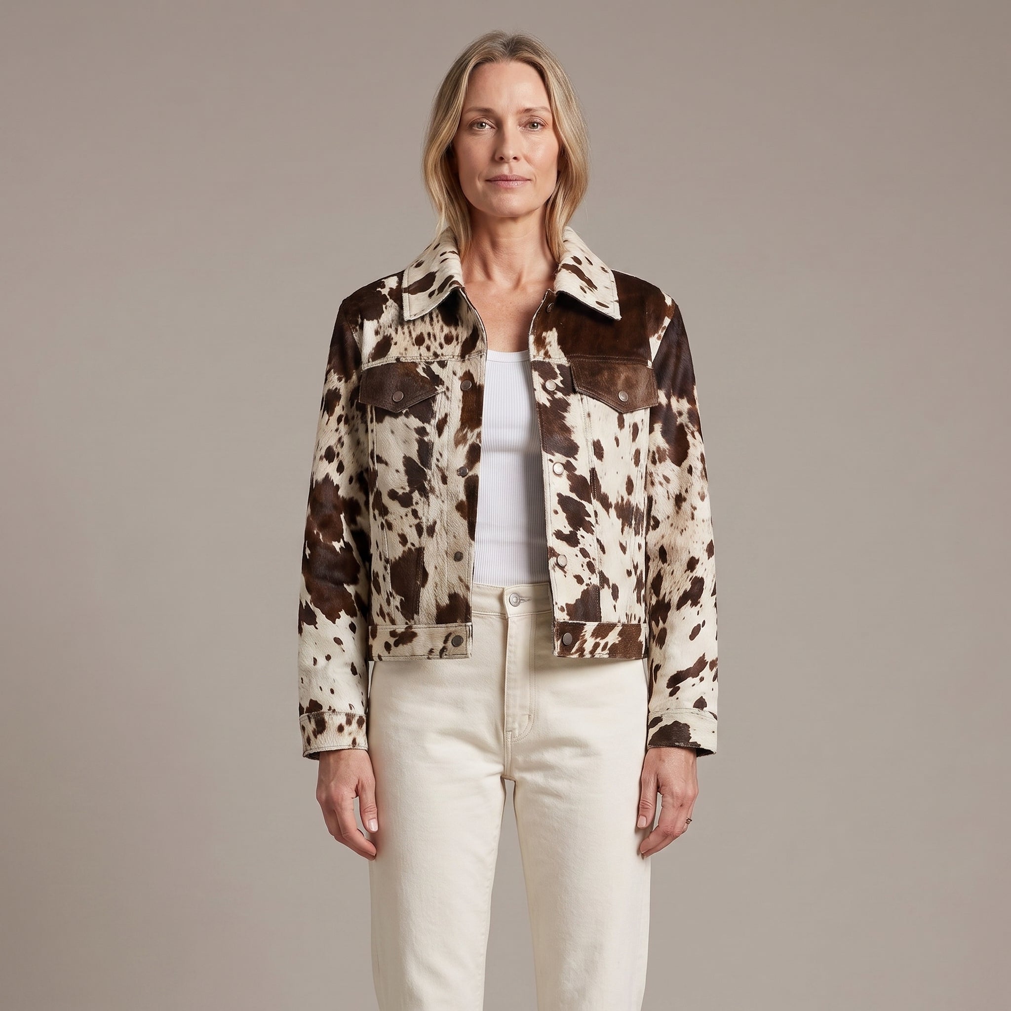 Allover Cow Print Trucker Jacket with Chest Flap Pockets for Women