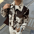 Allover Cow Print Trucker Jacket with Chest Flap Pockets for Women