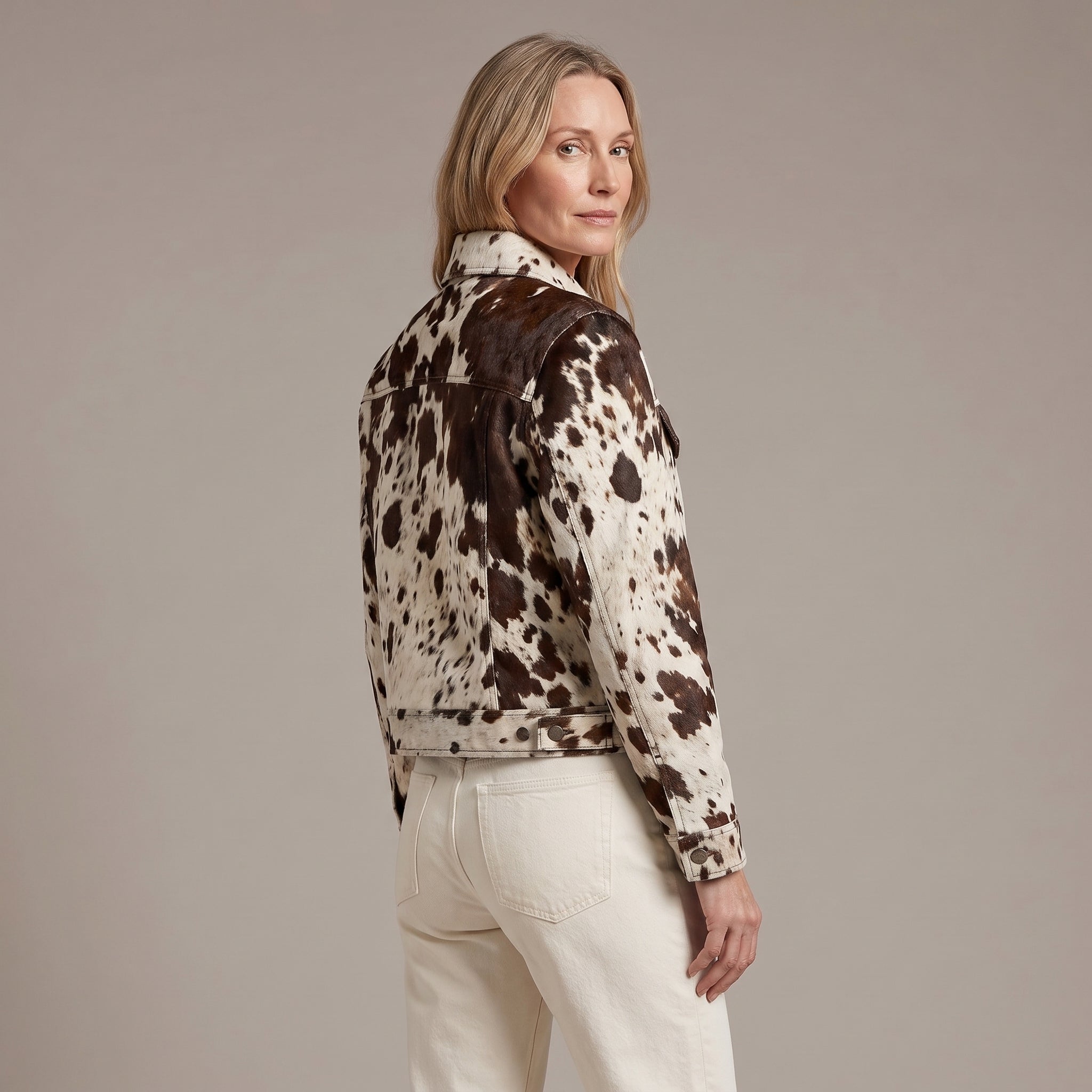 Allover Cow Print Trucker Jacket with Chest Flap Pockets for Women