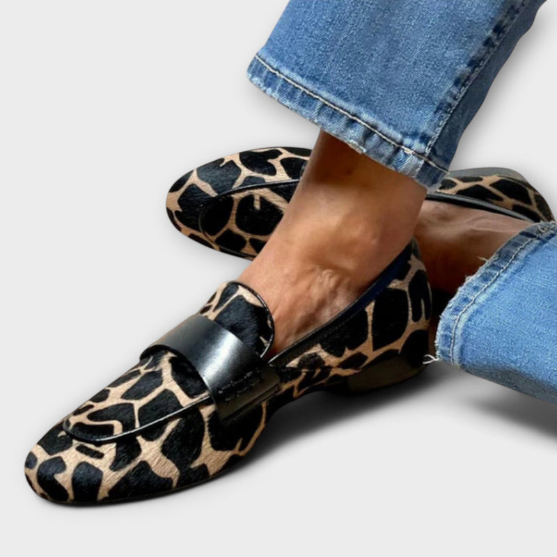 Animal-Print Loafers with Contrasting Black Instep Strap for Women