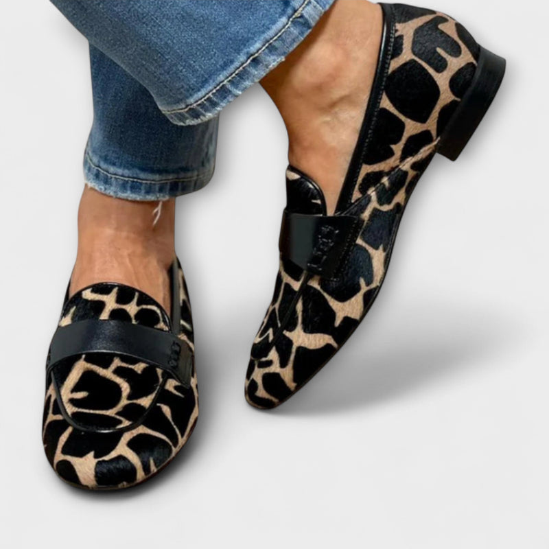 Animal-Print Loafers with Contrasting Black Instep Strap for Women