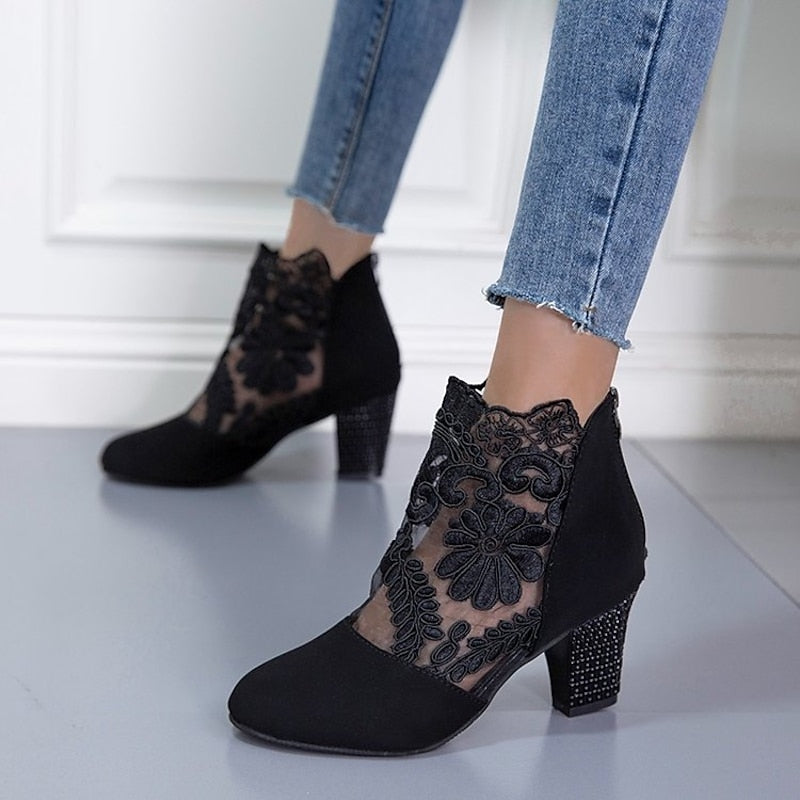 Ankle Boots with Floral Lace and Block Heel for Womens