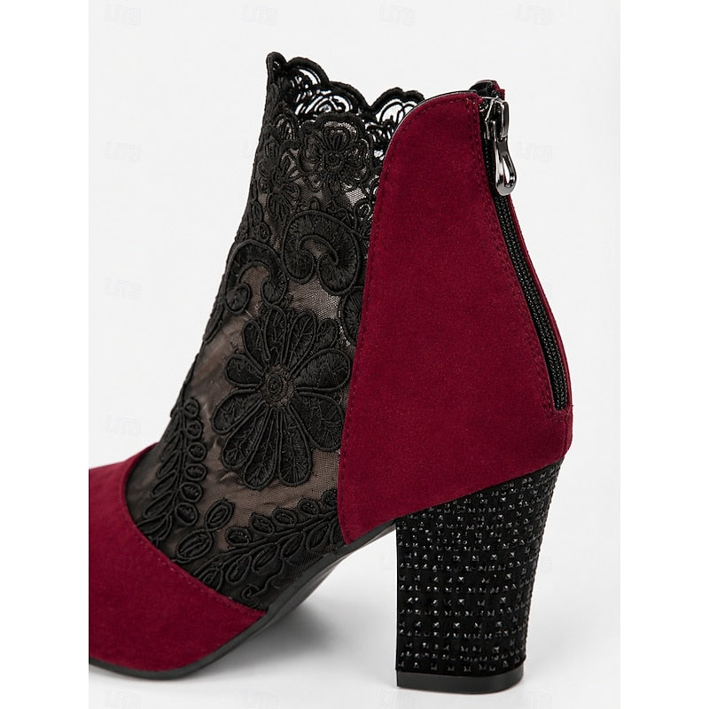 Ankle Boots with Floral Lace and Block Heel for Womens