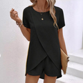 Asymmetric Layered Top and Shorts Set with Extended Back Hem for Women
