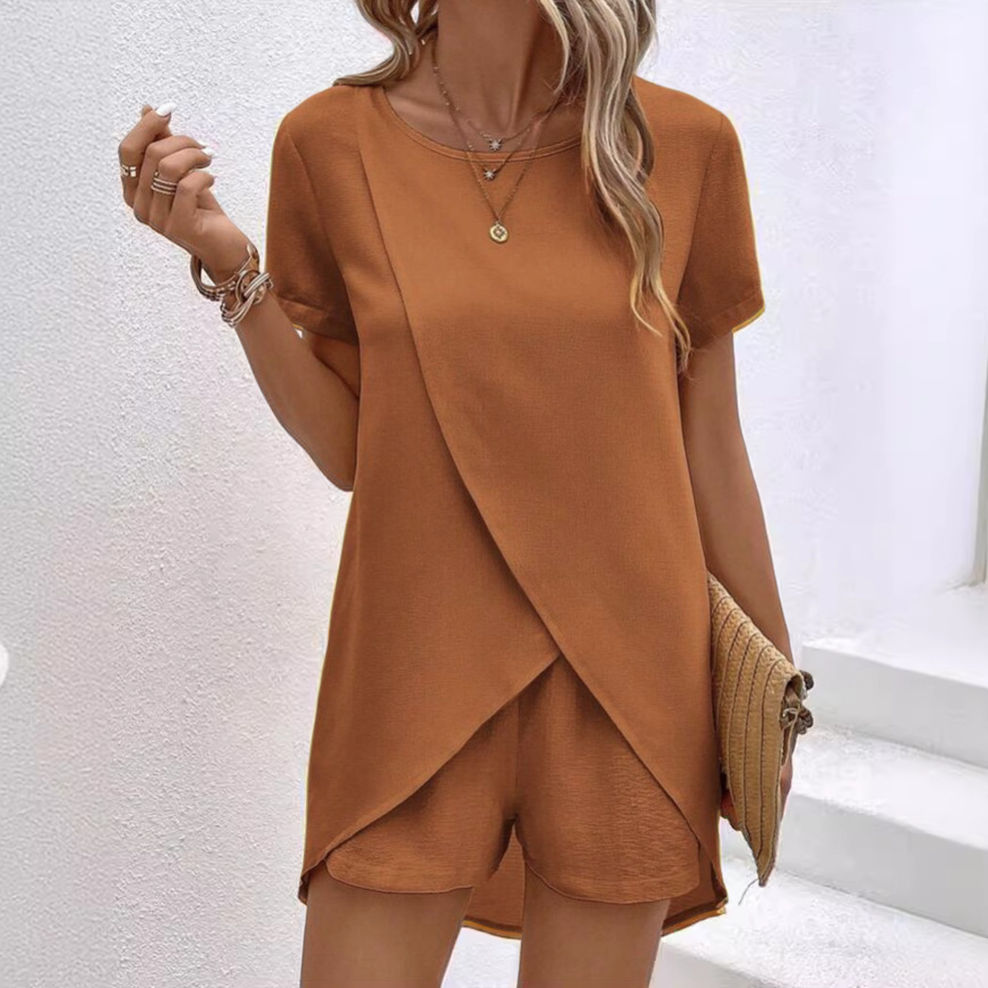 Asymmetric Layered Top and Shorts Set with Extended Back Hem for Women