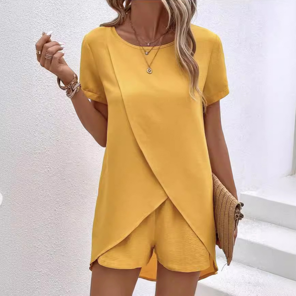 Asymmetric Layered Top and Shorts Set with Extended Back Hem for Women