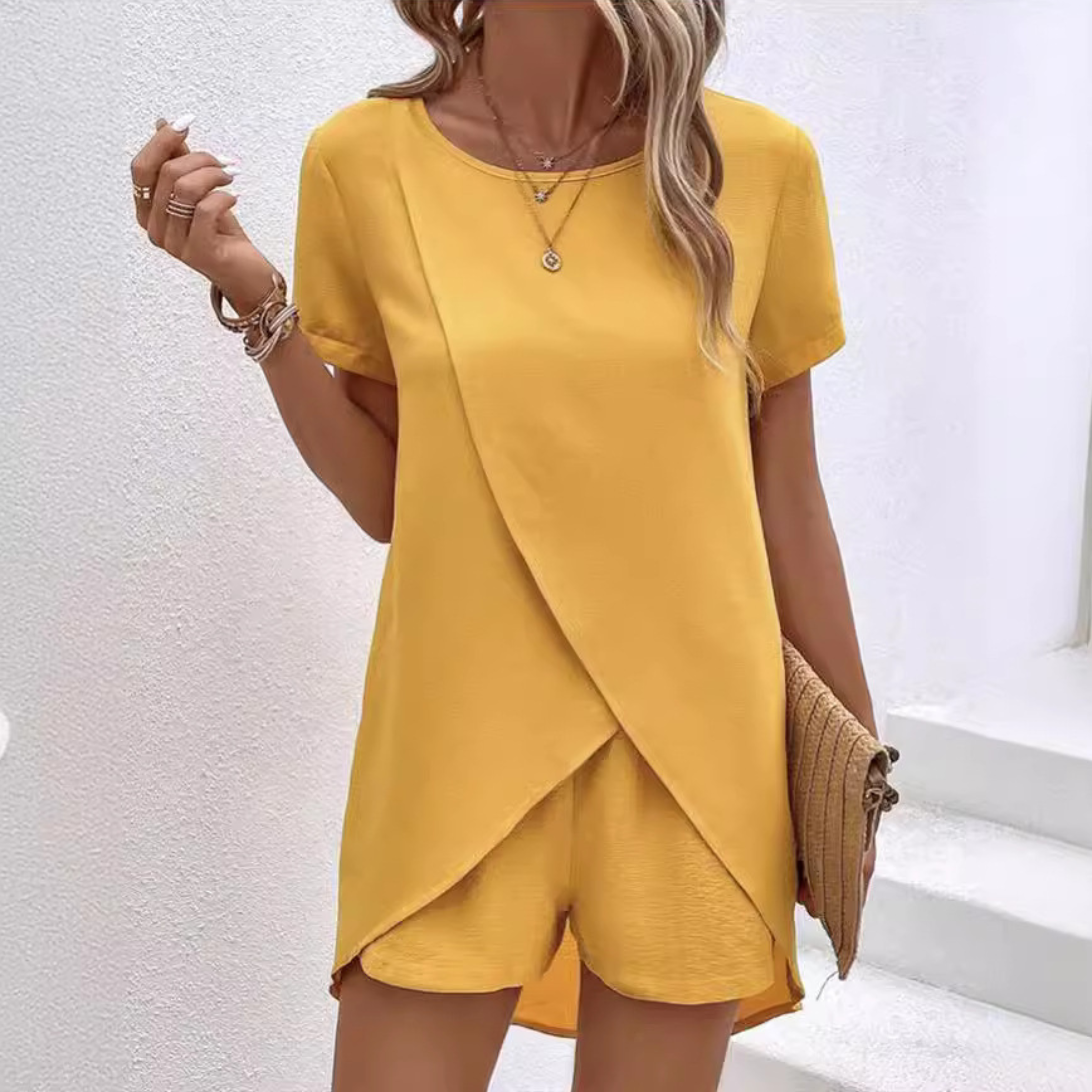 Asymmetric Layered Top and Shorts Set with Extended Back Hem for Women