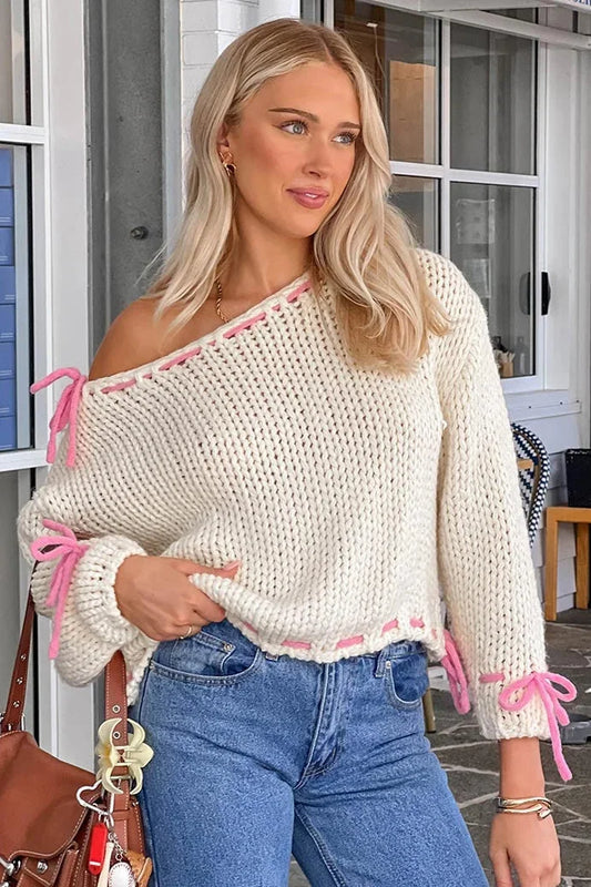 Asymmetrical Cut Knit Sweater with Decorative Ties for Women