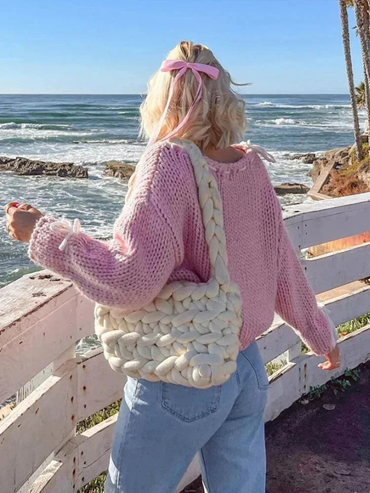 Asymmetrical Cut Knit Sweater with Decorative Ties for Women