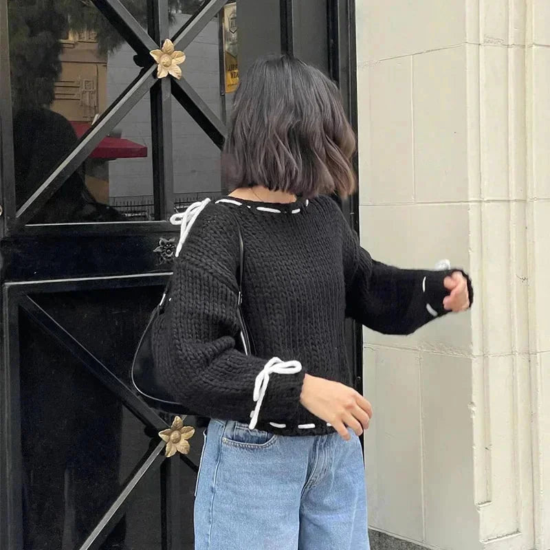 Asymmetrical Cut Knit Sweater with Decorative Ties for Women