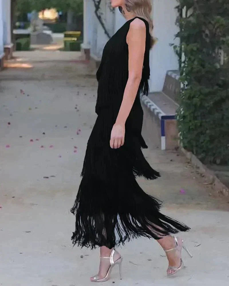 Asymmetrical Long Fringed Dress with One-Shoulder Neckline for Women