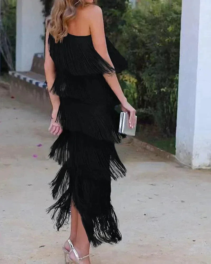 Asymmetrical Long Fringed Dress with One-Shoulder Neckline for Women
