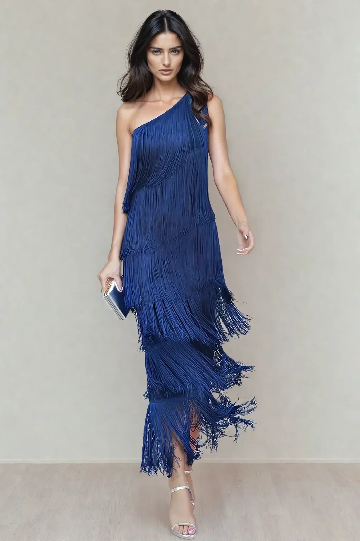 Asymmetrical Long Fringed Dress with One-Shoulder Neckline for Women