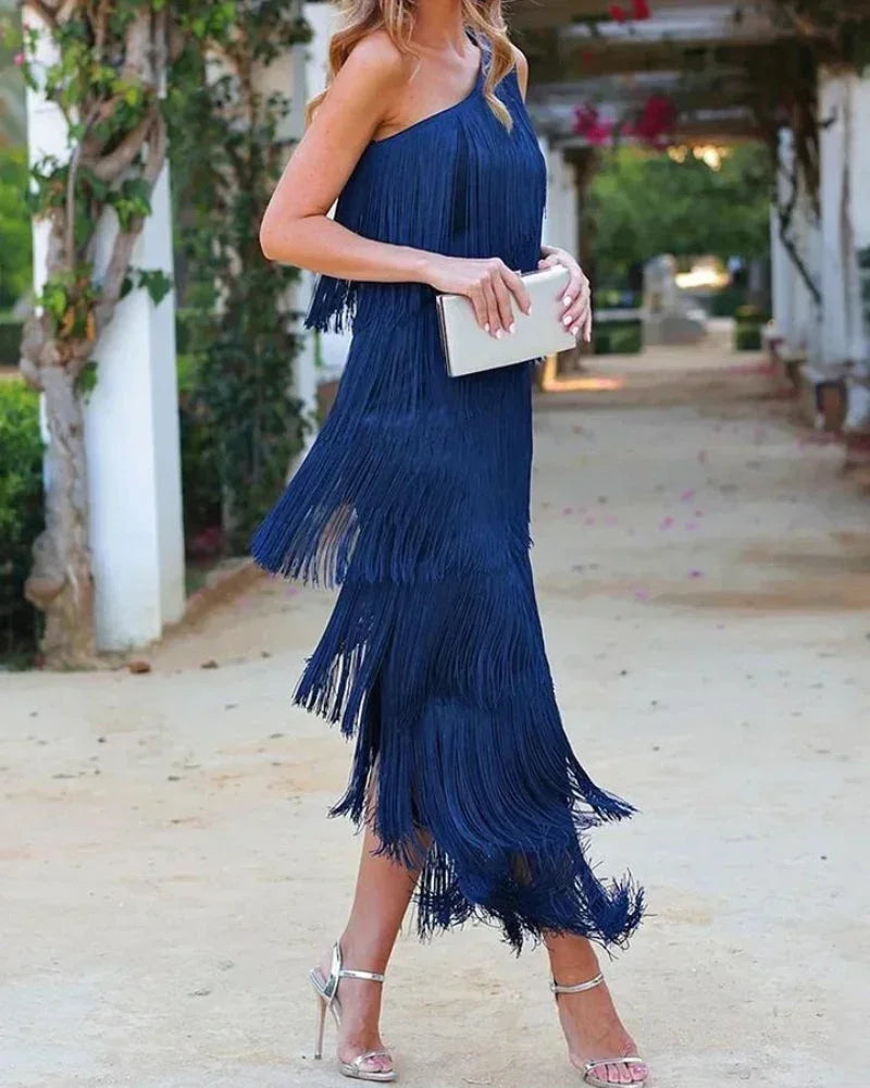 Asymmetrical Long Fringed Dress with One-Shoulder Neckline for Women