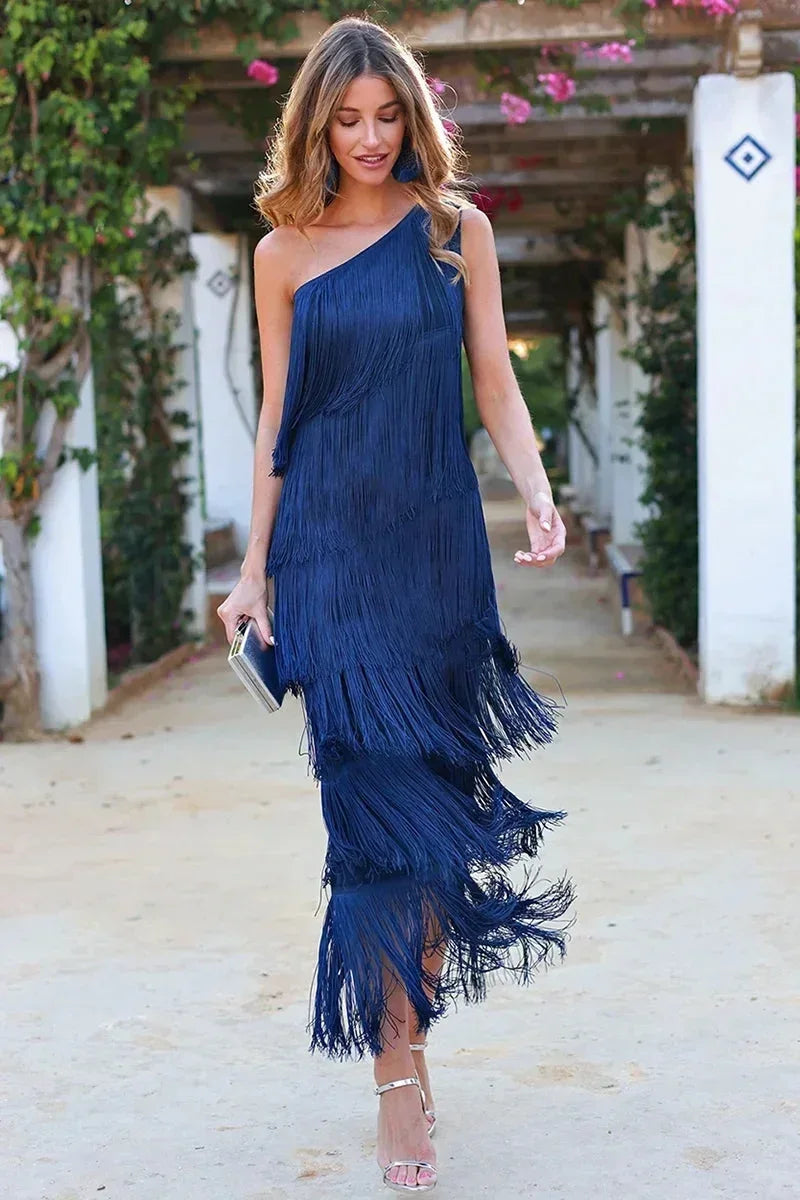 Asymmetrical Long Fringed Dress with One-Shoulder Neckline for Women