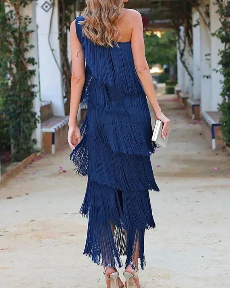 Asymmetrical Long Fringed Dress with One-Shoulder Neckline for Women