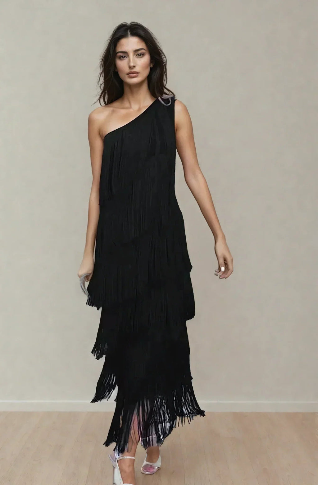 Asymmetrical Long Fringed Dress with One-Shoulder Neckline for Women