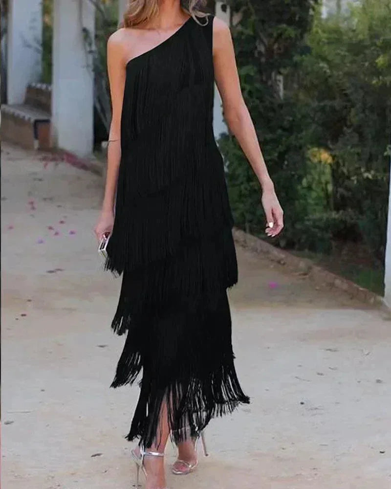 Asymmetrical Long Fringed Dress with One-Shoulder Neckline for Women