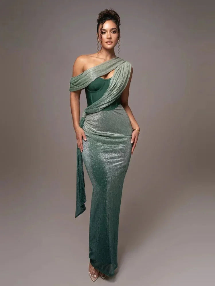 Asymmetrical Neckline Evening Dress with Draped Bodice for Women