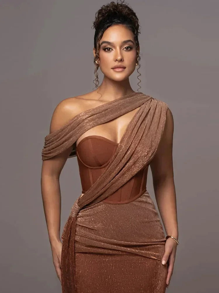 Asymmetrical Neckline Evening Dress with Draped Bodice for Women