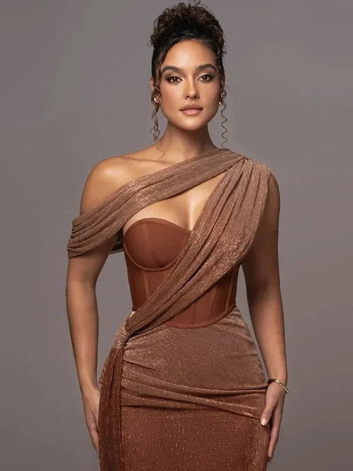 Asymmetrical Neckline Evening Dress with Draped Bodice for Women