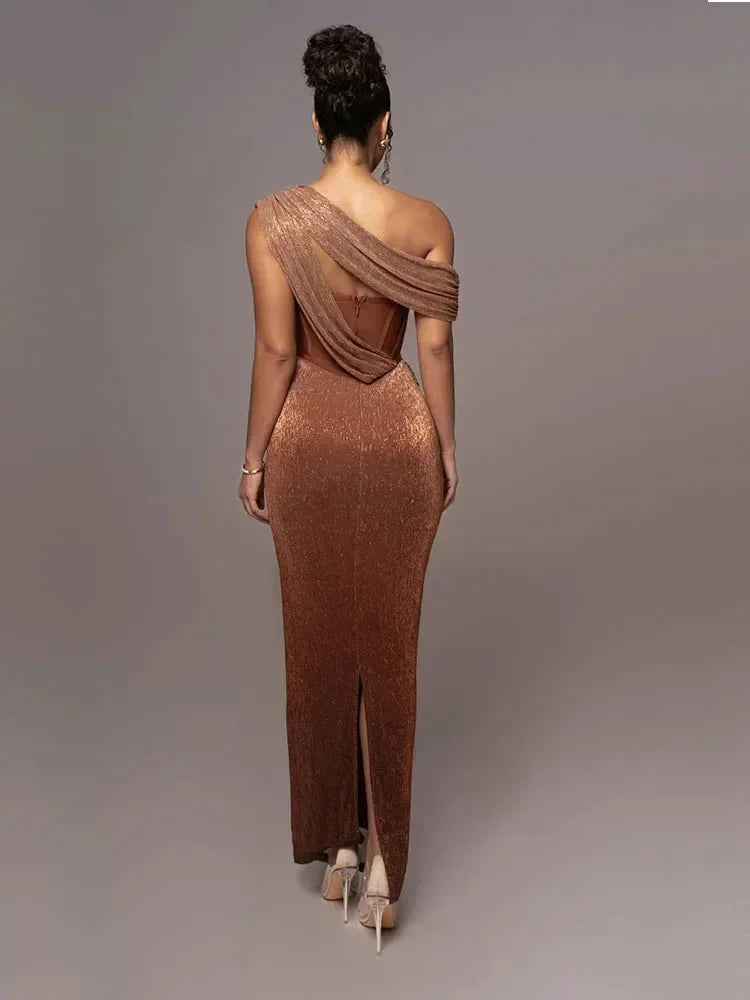 Asymmetrical Neckline Evening Dress with Draped Bodice for Women
