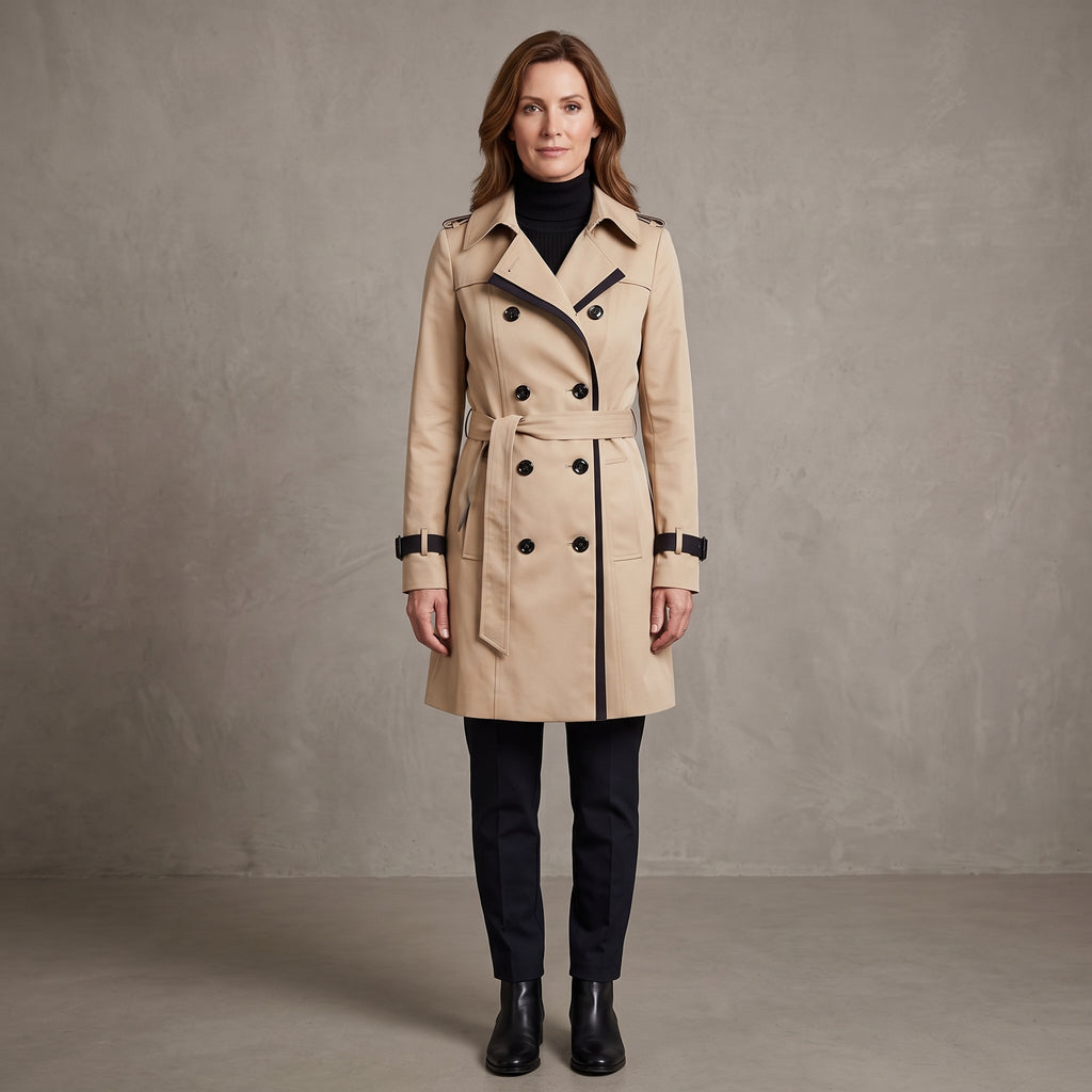 Belted Trench Coat with Notched Lapel Collar for Women