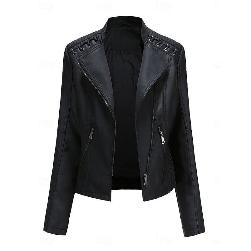 Biker Jacket with Laced Shoulders and Zip Front for Womens