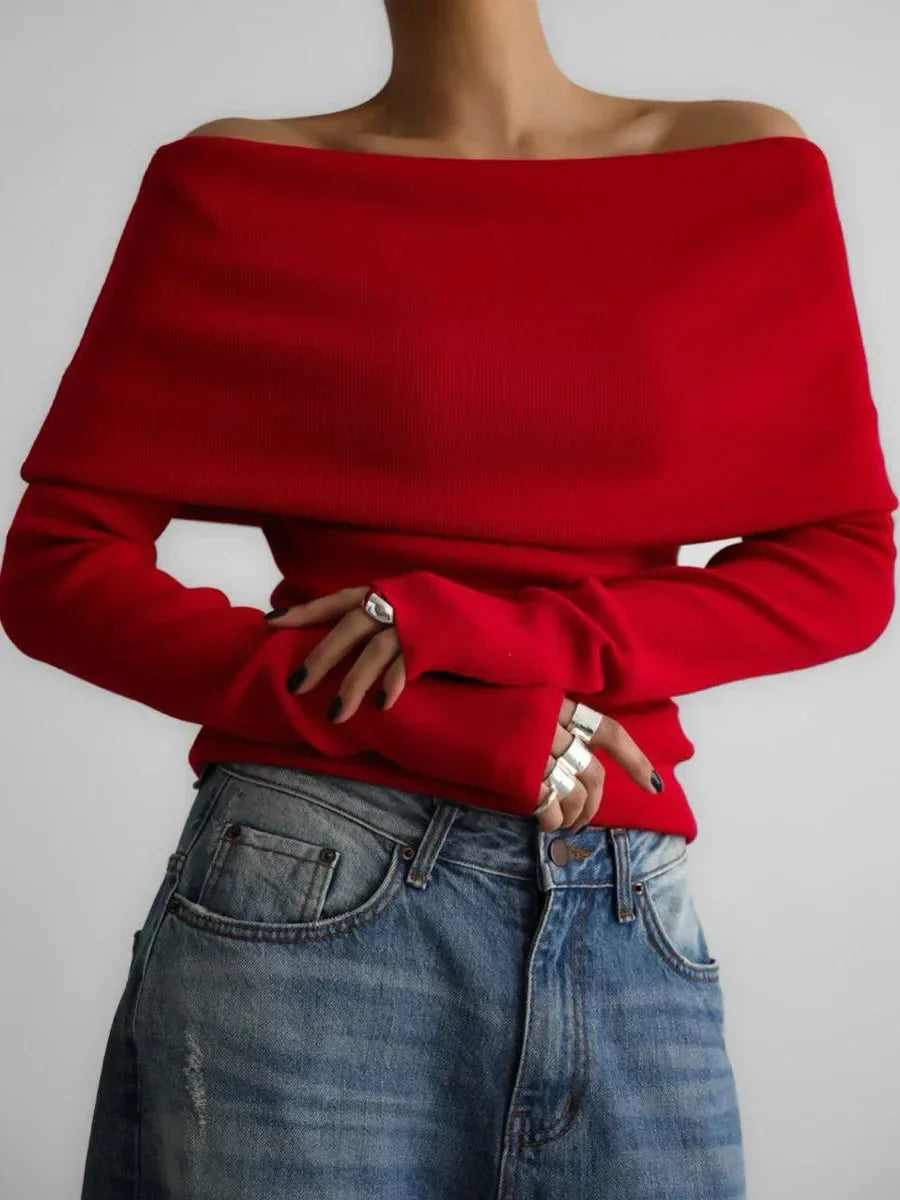 Boat Neck Sweater with Long Sleeves for Women