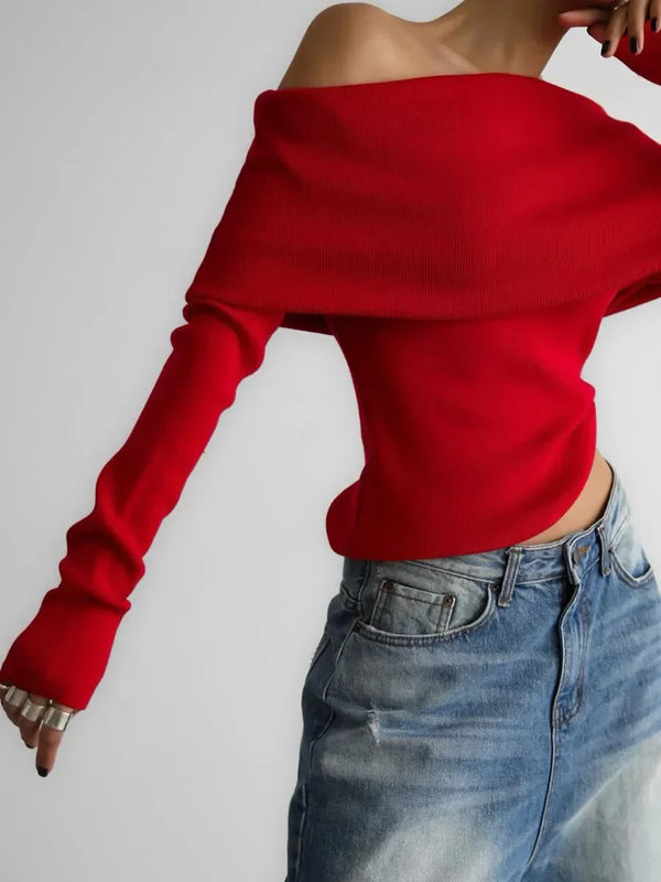 Boat Neck Sweater with Long Sleeves for Women