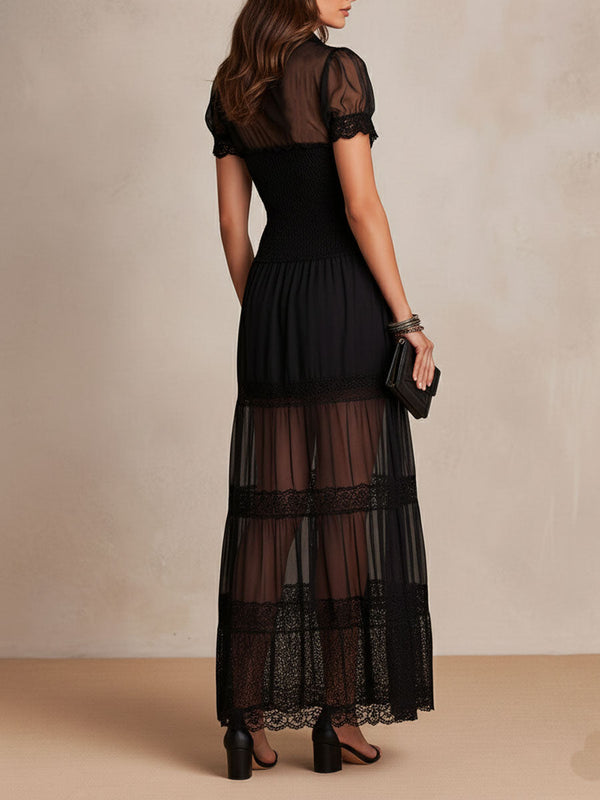 Button-Front Maxi Dress with Lace-Trimmed Hem for Women