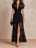 Button-Front Maxi Dress with Lace-Trimmed Hem for Women