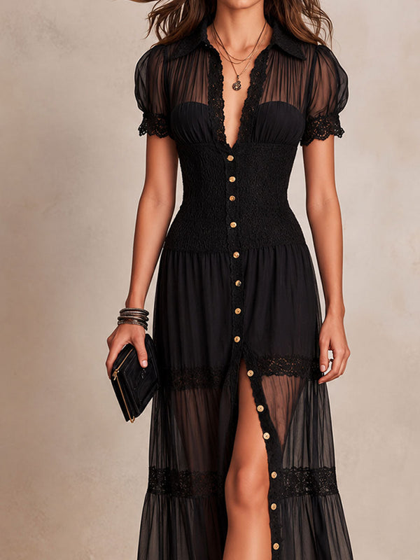 Button-Front Maxi Dress with Lace-Trimmed Hem for Women