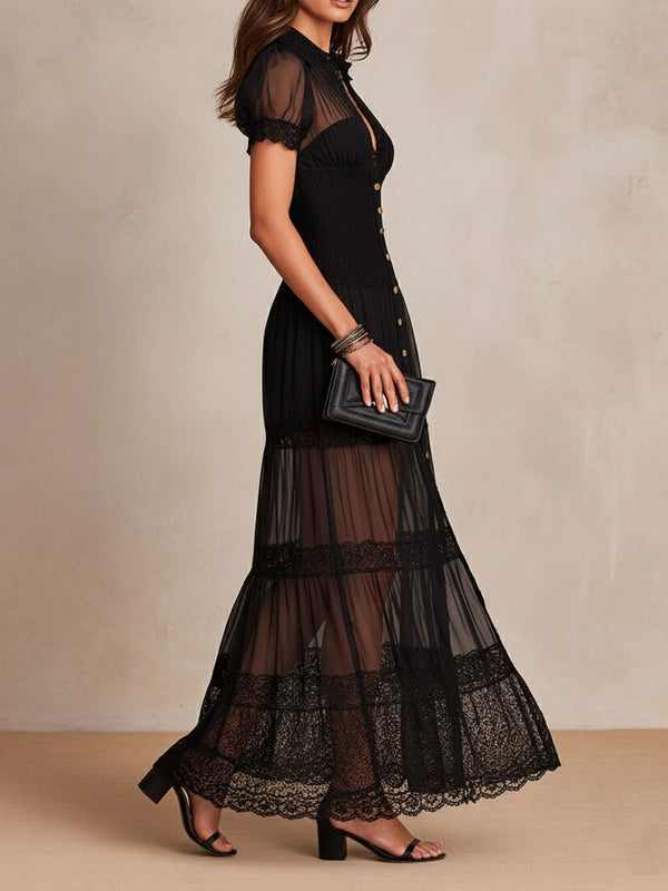 Button-Front Maxi Dress with Lace-Trimmed Hem for Women