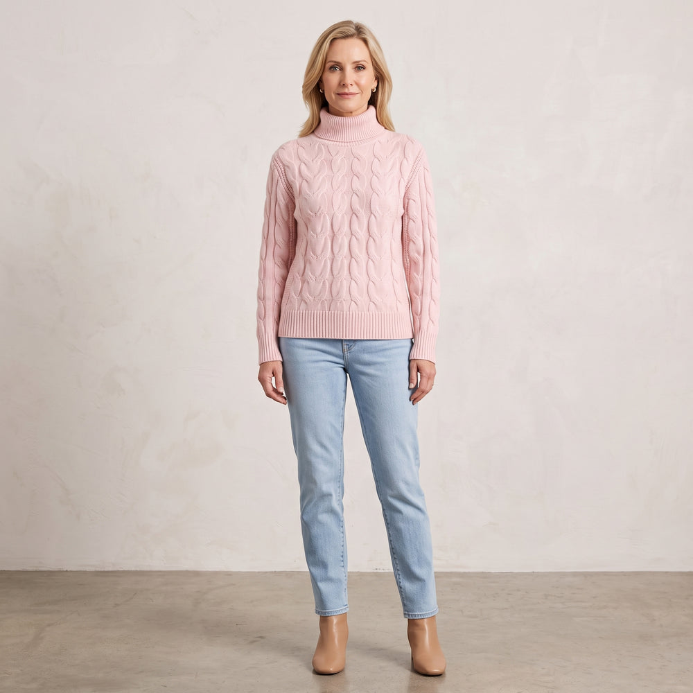 Cable-Knit Turtleneck Sweater with Ribbed Cuffs for Women