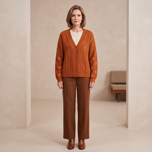 Cable-Knit Cardigan with Star Embroidery on Sleeves for Women