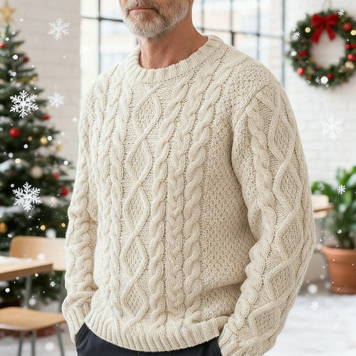 Cable Knit Crew Neck Aran Pattern Winter Jumper for Mens